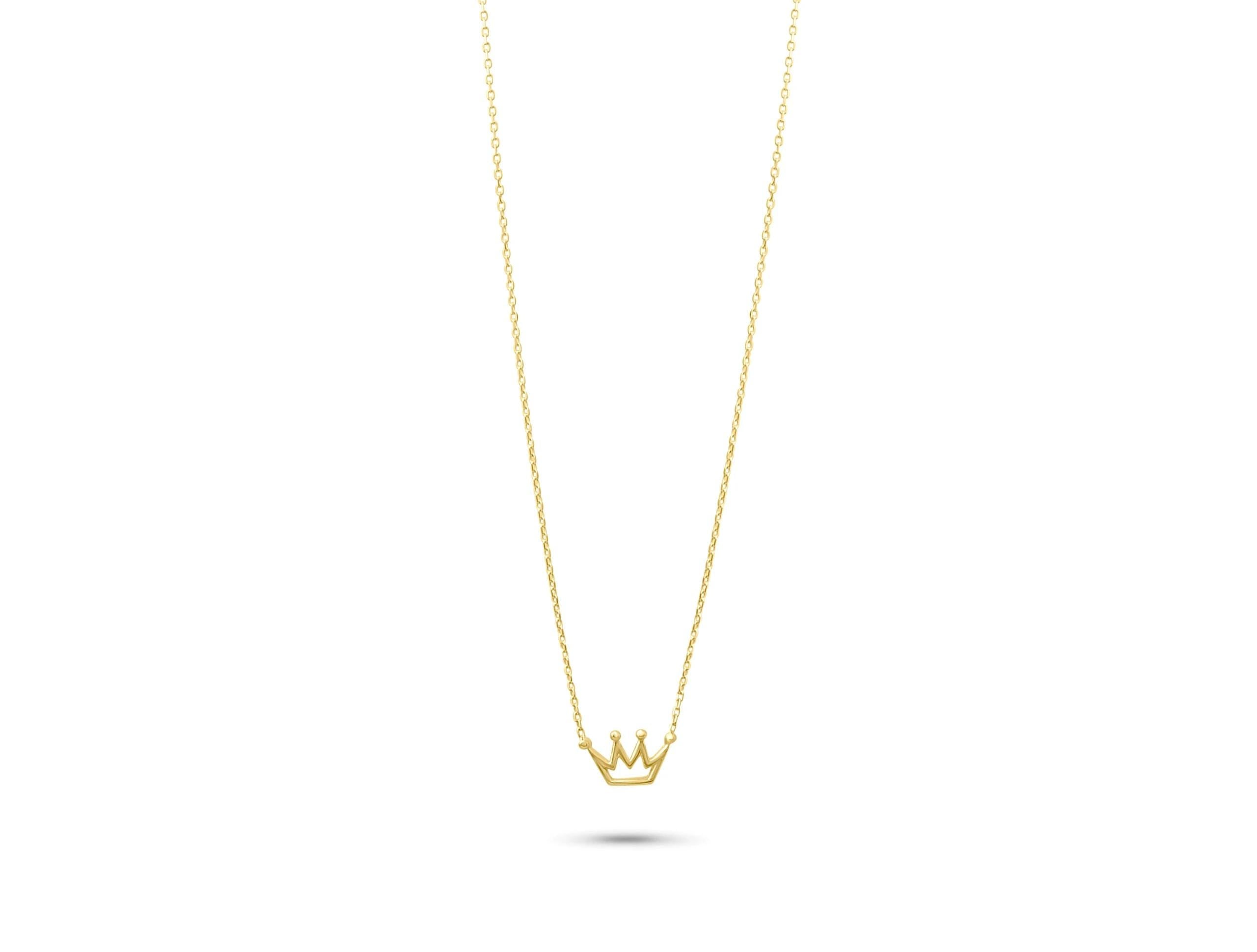14K Solid Gold Crown Necklace - Dainty Royal Pendant
