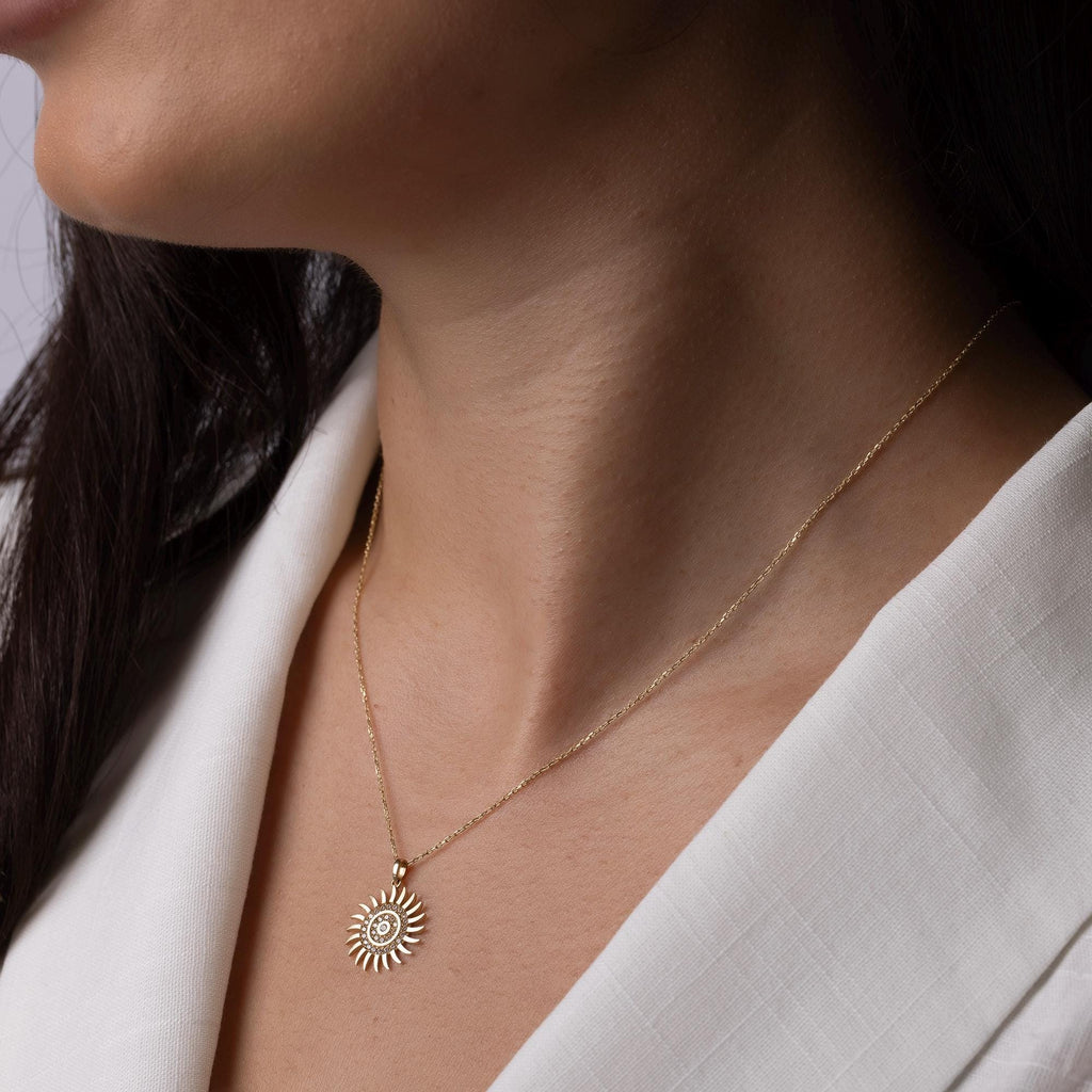 14K Solid Gold Sun Necklace - Real Gold Sun Pendant