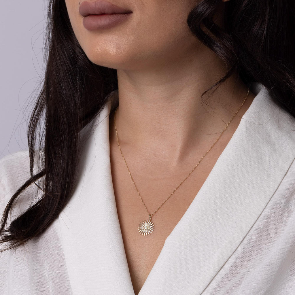 14K Solid Gold Sun Necklace - Real Gold Sun Pendant