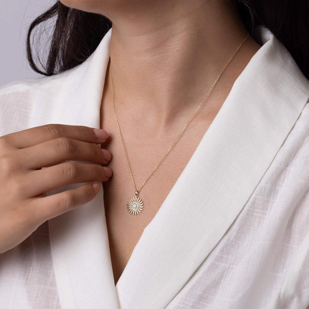 14K Solid Gold Sun Necklace - Real Gold Sun Pendant