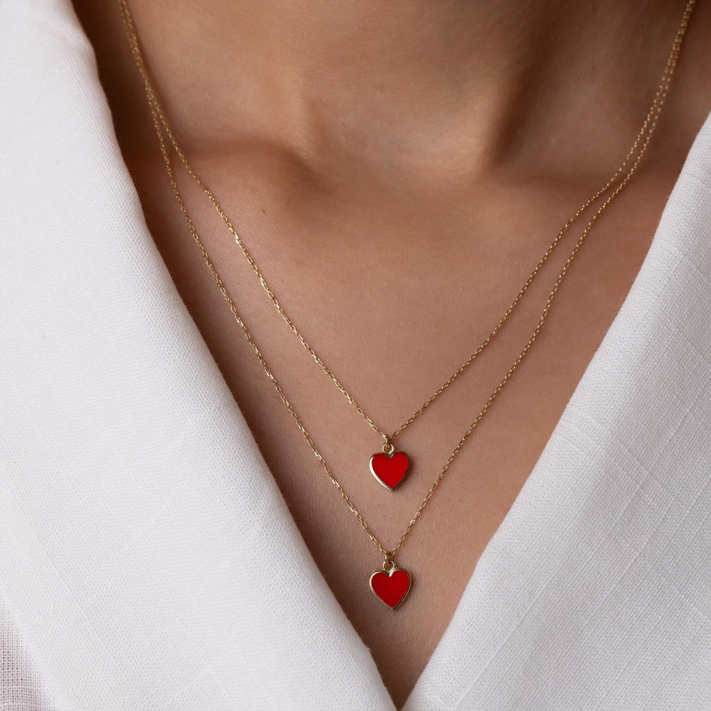 14K Solid Gold Red Heart Necklace - Enamel Love Pendant