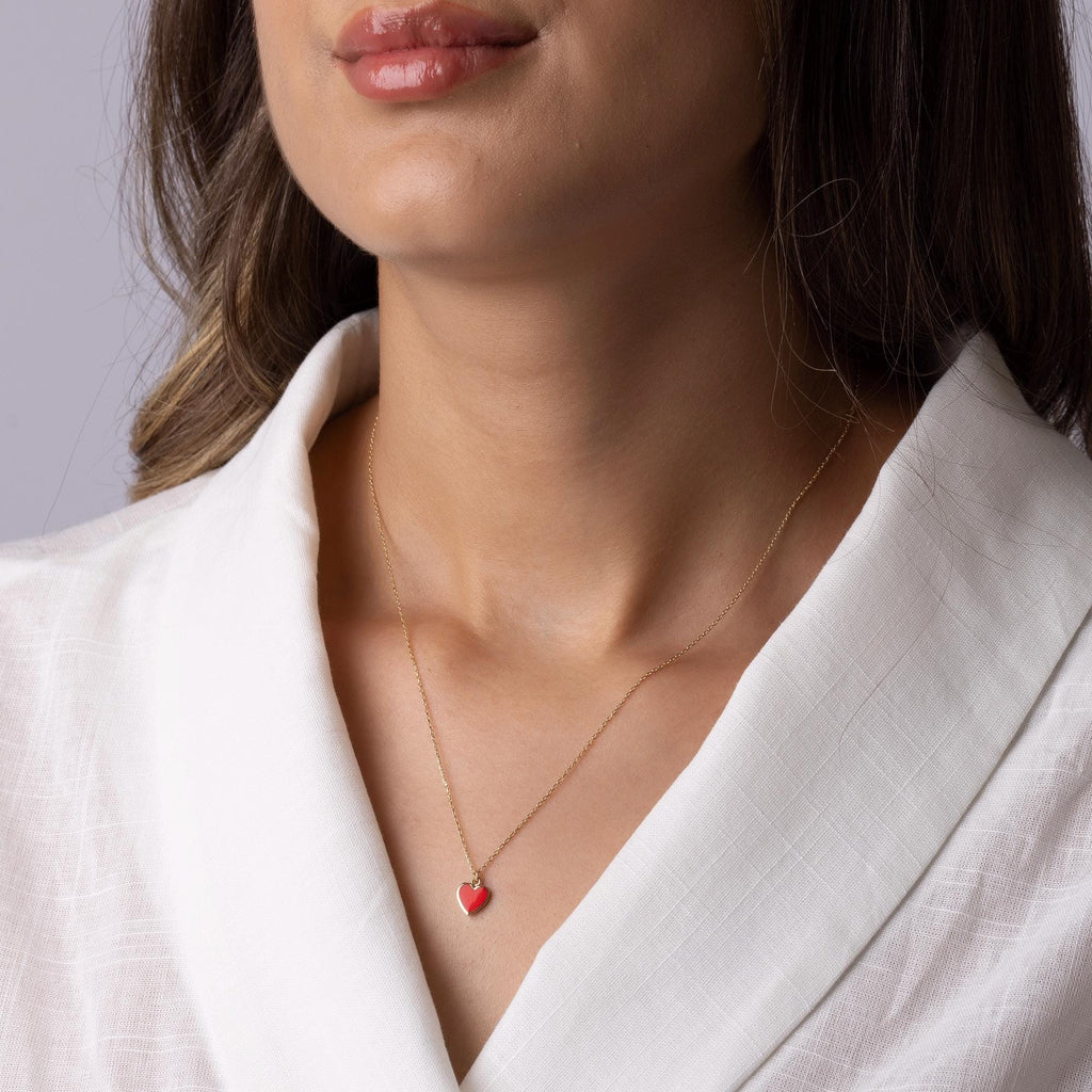 14K Solid Gold Red Heart Necklace - Enamel Love Pendant