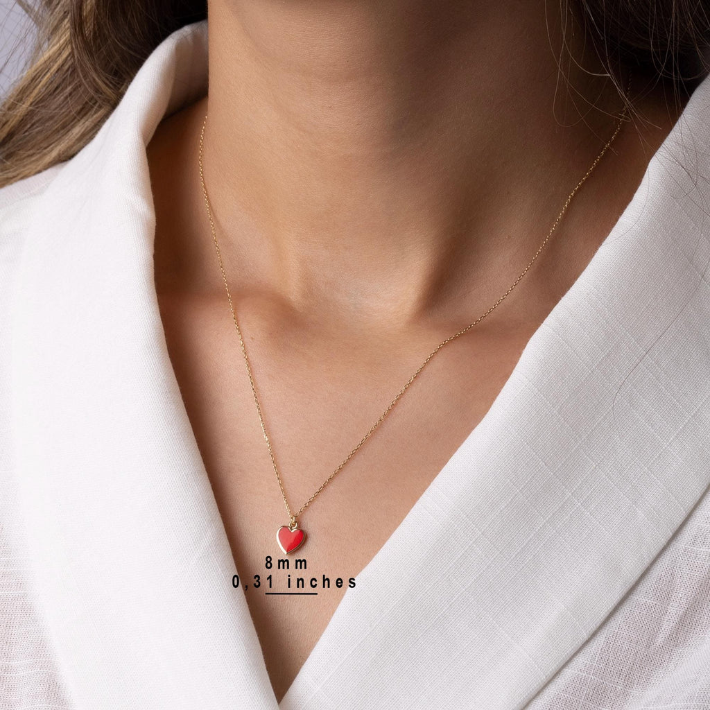 14K Solid Gold Red Heart Necklace - Enamel Love Pendant