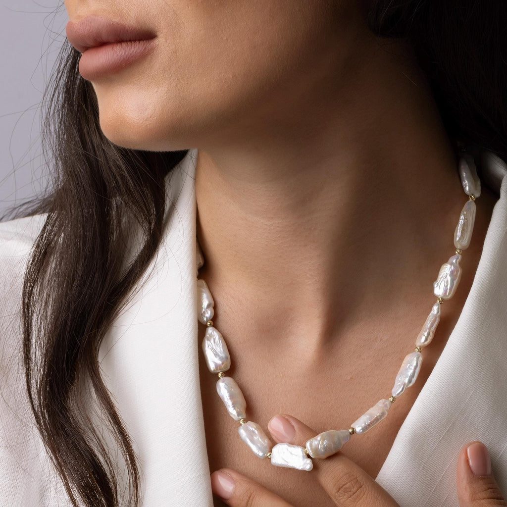 14K Gold Baroque Pearl Necklace - Natural Freshwater Pearls with Gold Beads