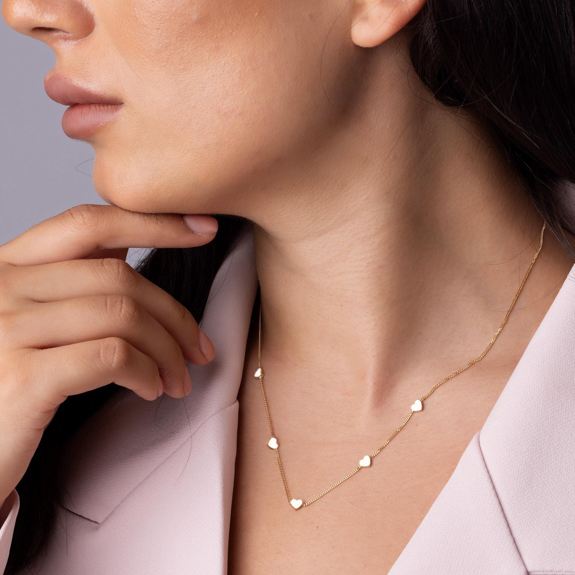 14K Solid Gold Heart Station Necklace - Dainty Real Gold Five Heart Chain