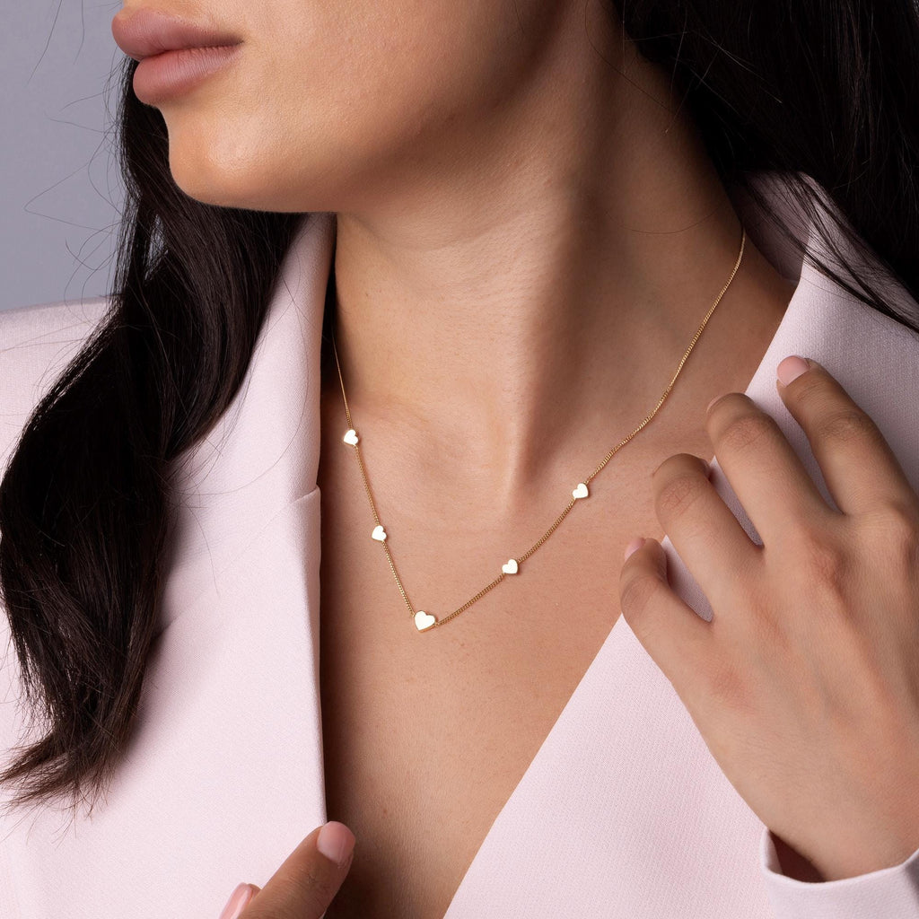 14K Solid Gold Heart Station Necklace - Dainty Real Gold Five Heart Chain