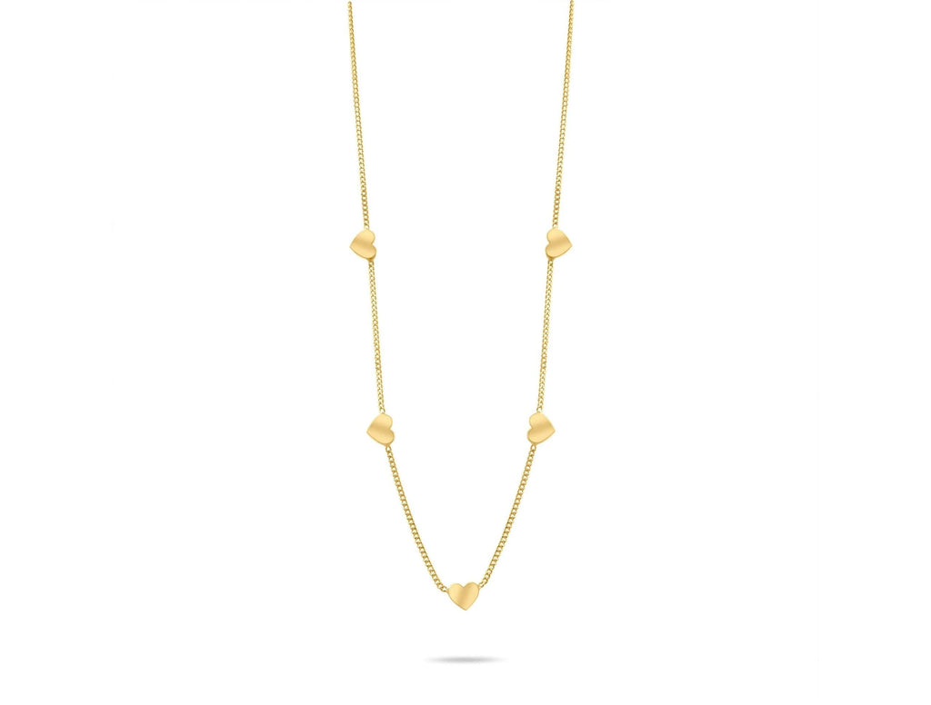 14K Solid Gold Heart Station Necklace - Dainty Real Gold Five Heart Chain