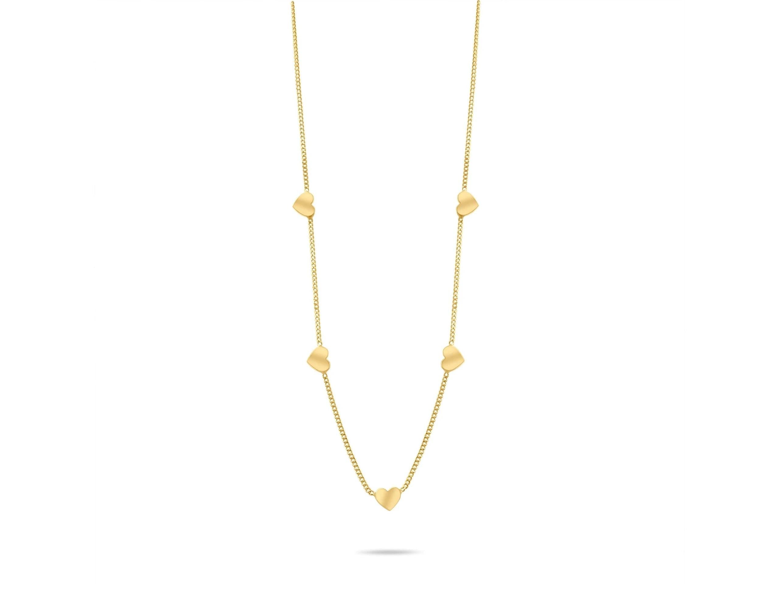 14K Solid Gold Heart Station Necklace - Dainty Real Gold Five Heart Chain