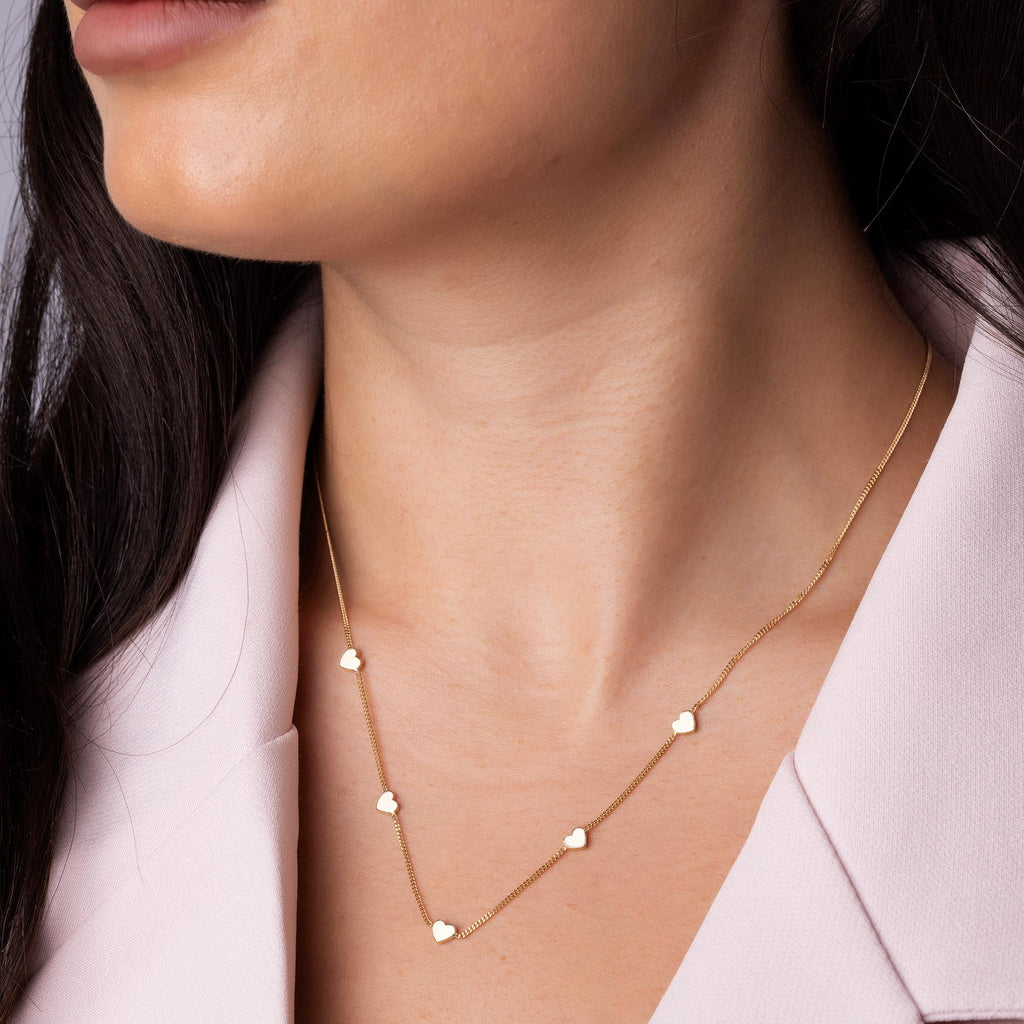 14K Solid Gold Heart Station Necklace - Dainty Real Gold Five Heart Chain