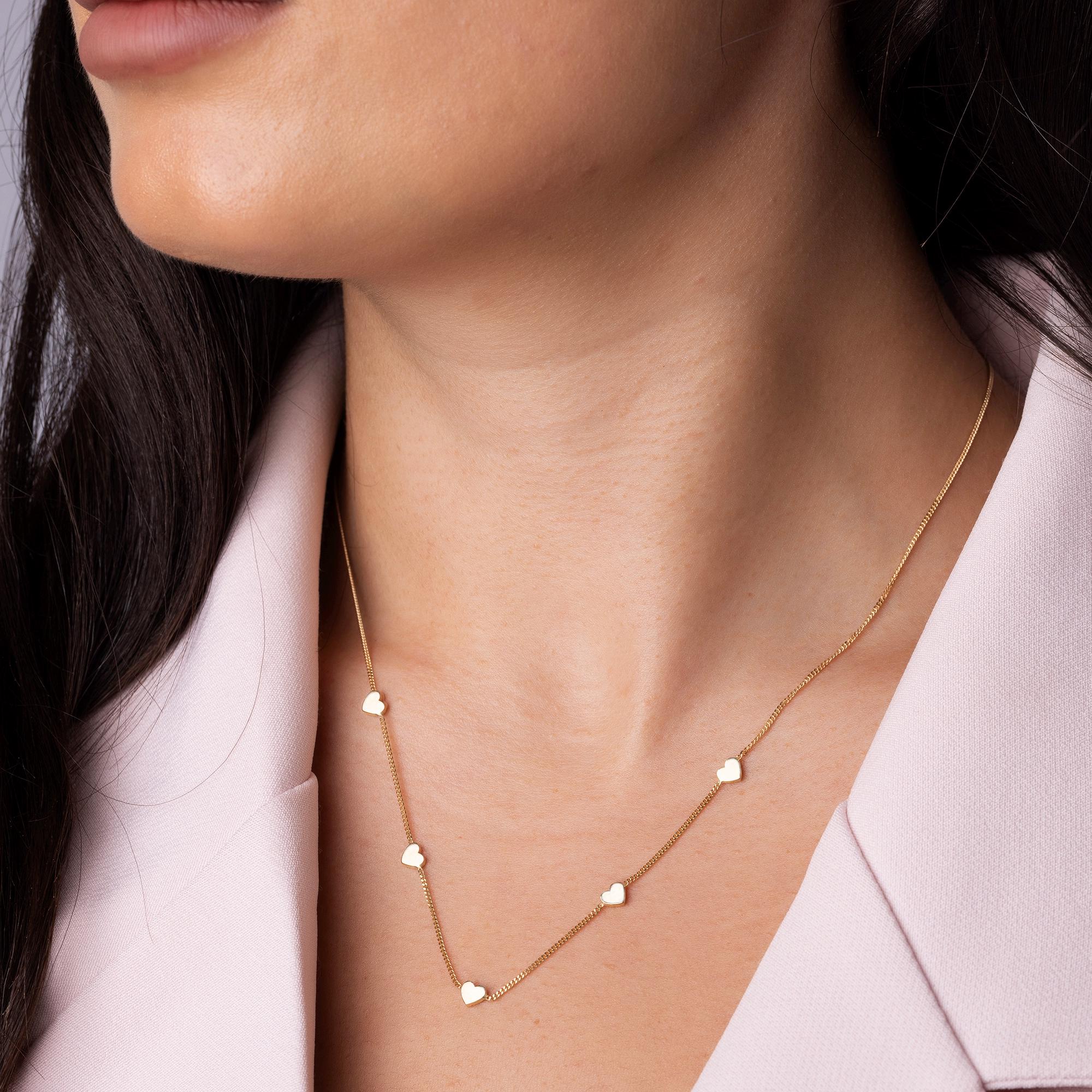 14K Solid Gold Heart Station Necklace - Dainty Real Gold Five Heart Chain