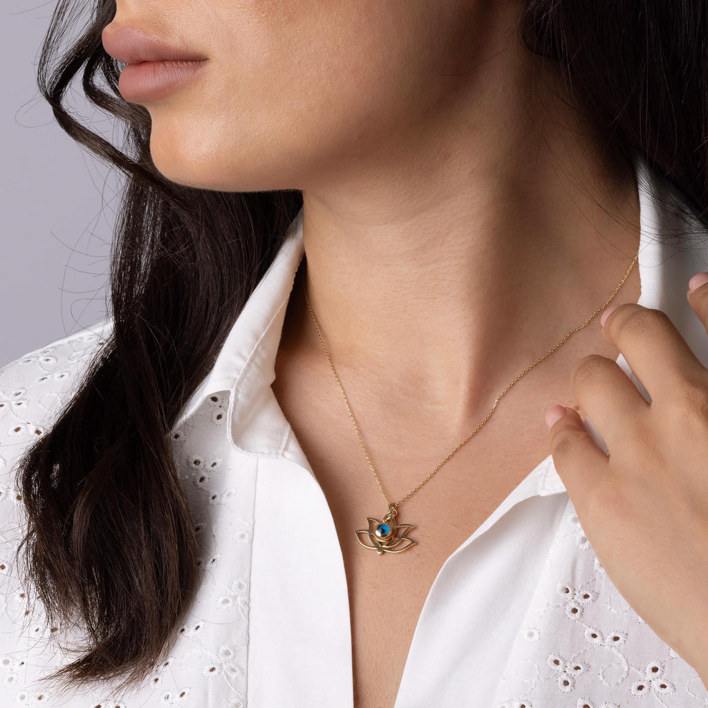 14K Solid Gold Lotus Necklace - Evil Eye Protection Pendant