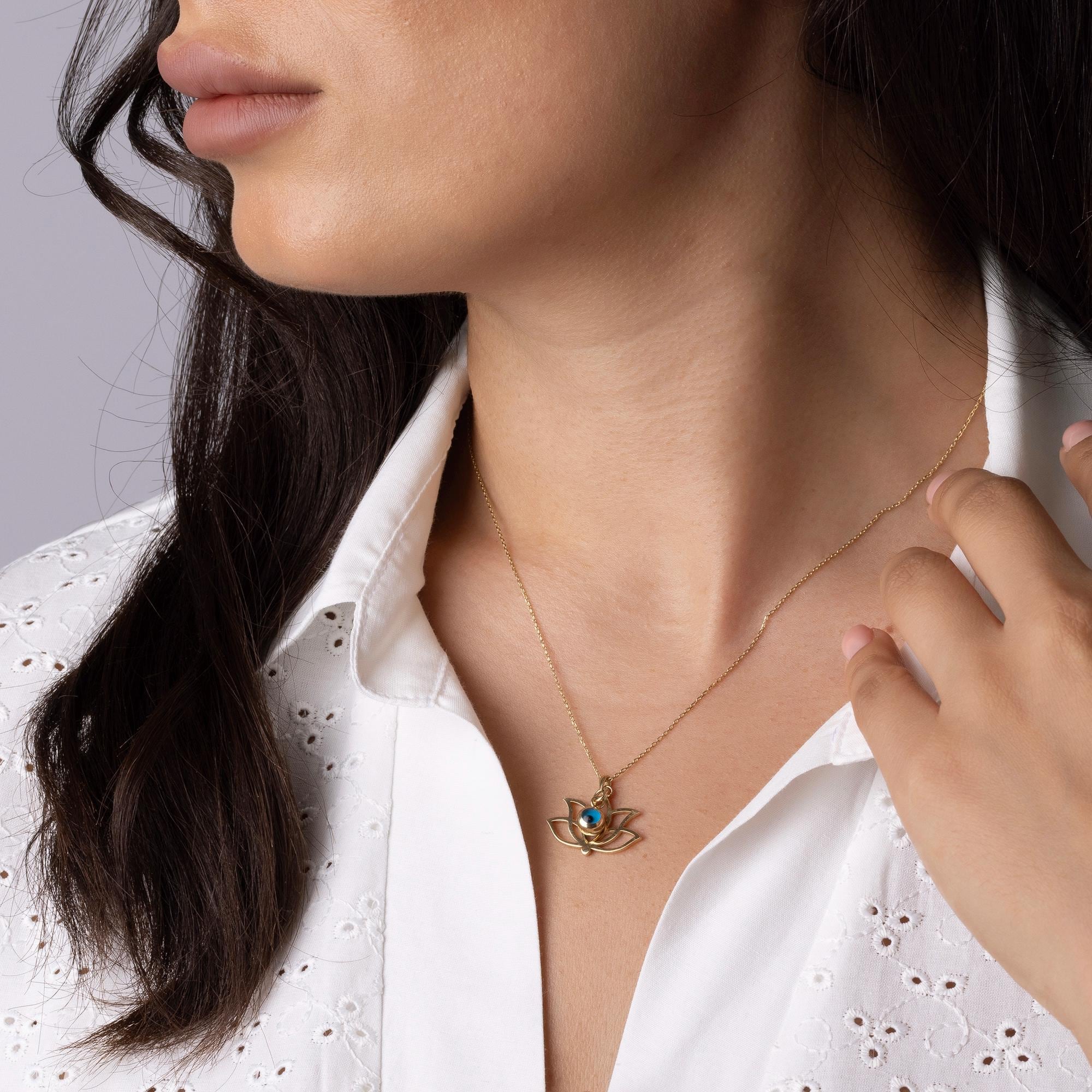 14K Solid Gold Lotus Necklace - Evil Eye Protection Pendant