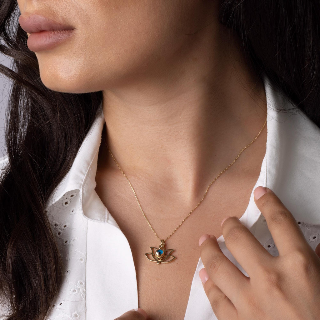 14K Solid Gold Lotus Necklace - Evil Eye Protection Pendant