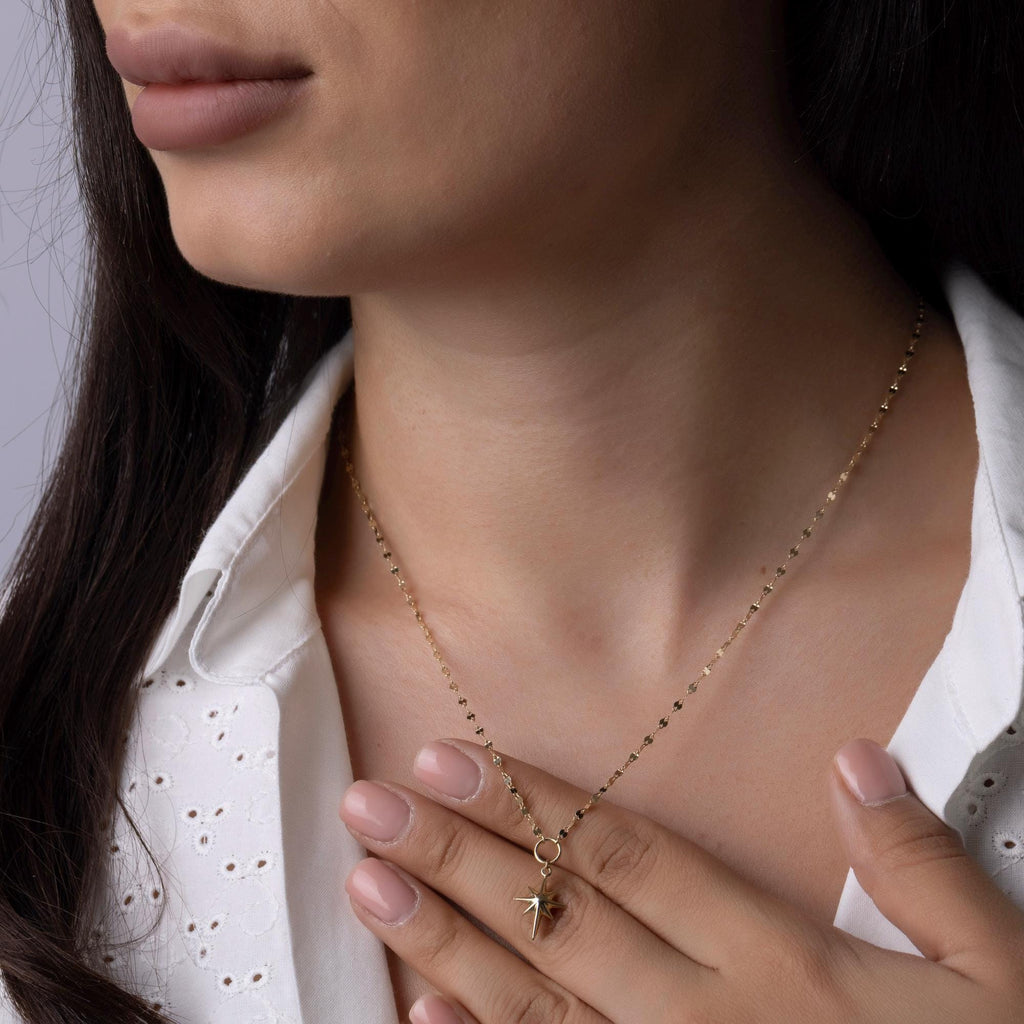 14K Solid Gold Beaded Chain Cross Necklace - Real Gold Dainty Pendant