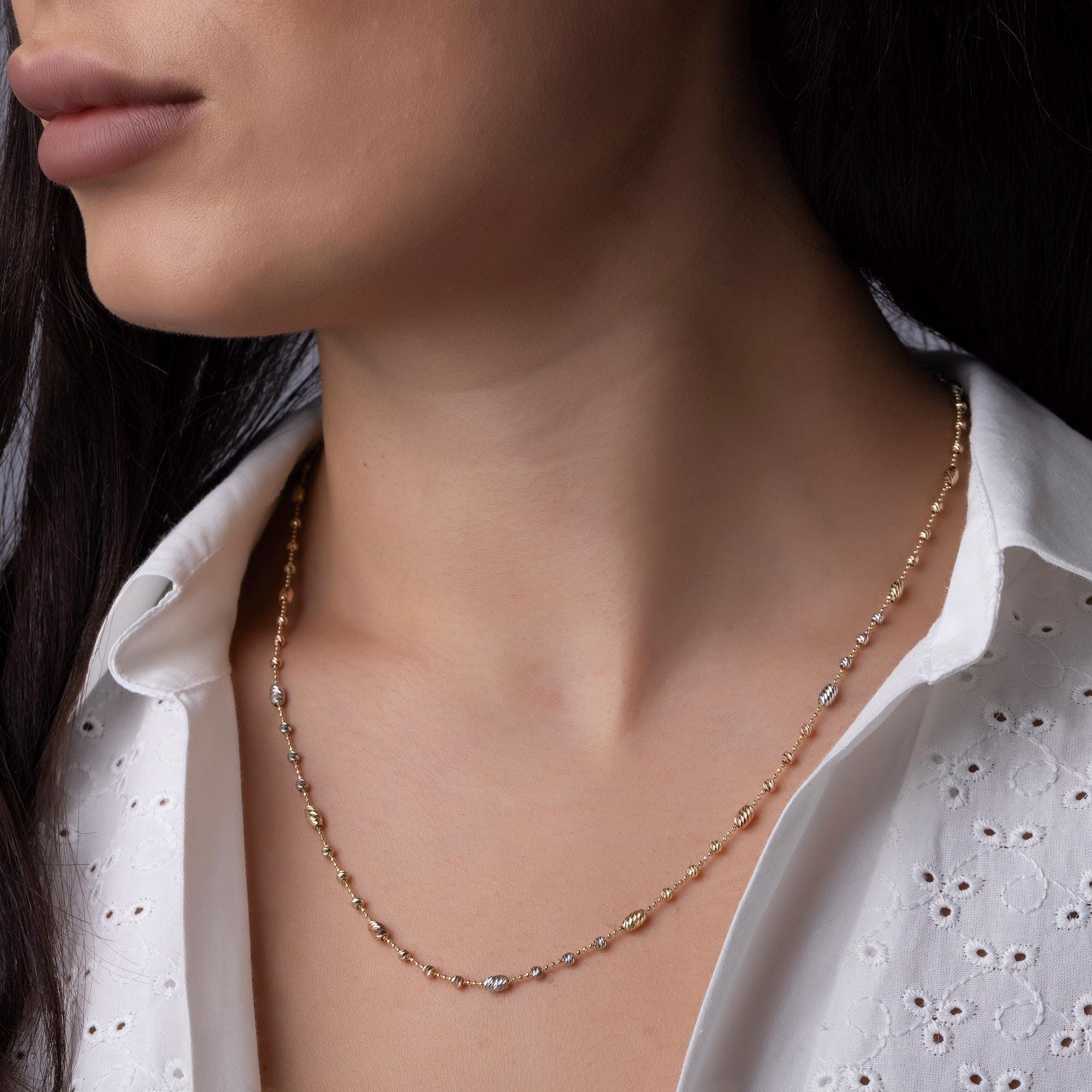 14K Solid Gold Two Tone Beaded Necklace – Minimalist Yellow & White Gold Chain, Elegant Everyday Jewelry Gift for Women