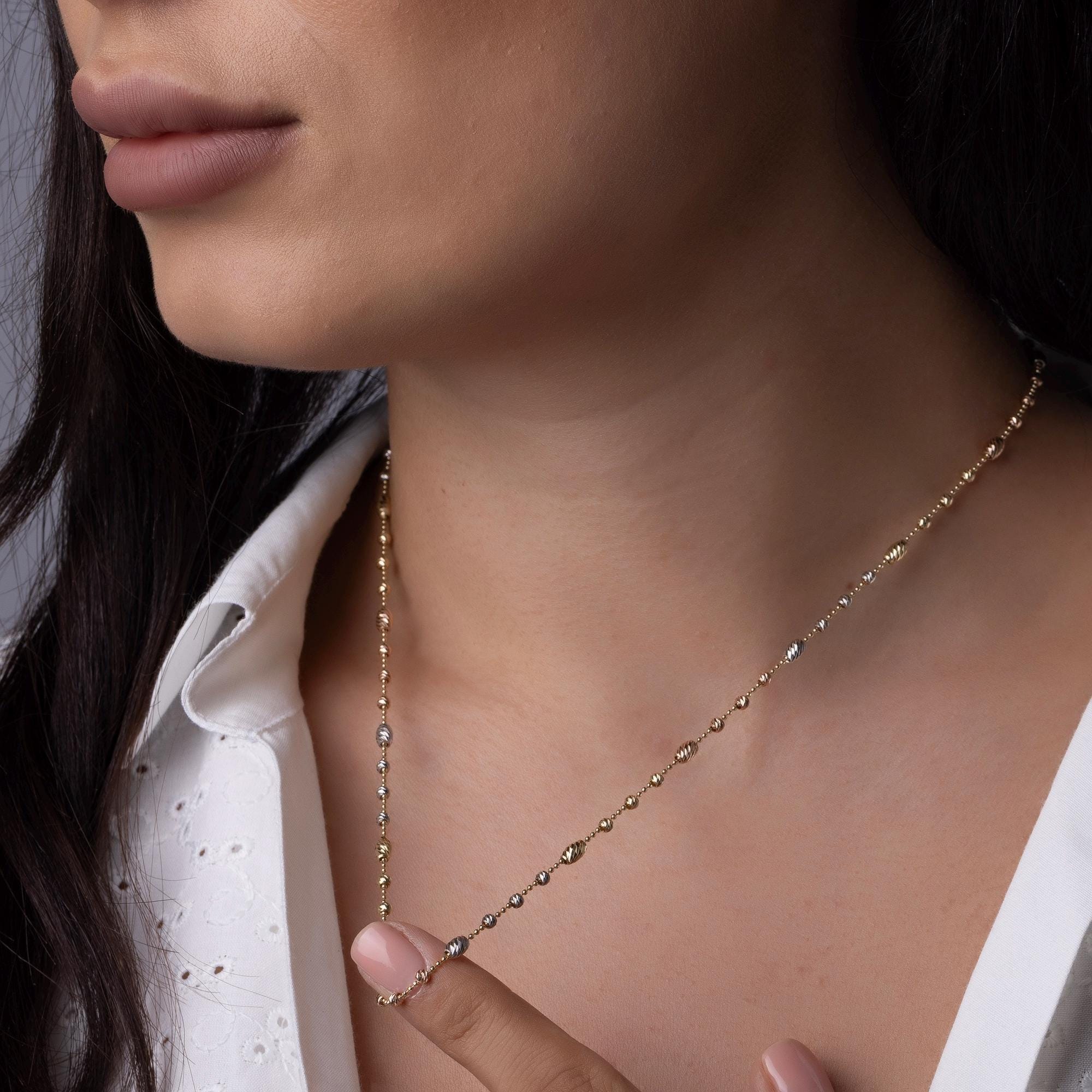 14K Solid Gold Two Tone Beaded Necklace – Minimalist Yellow & White Gold Chain, Elegant Everyday Jewelry Gift for Women