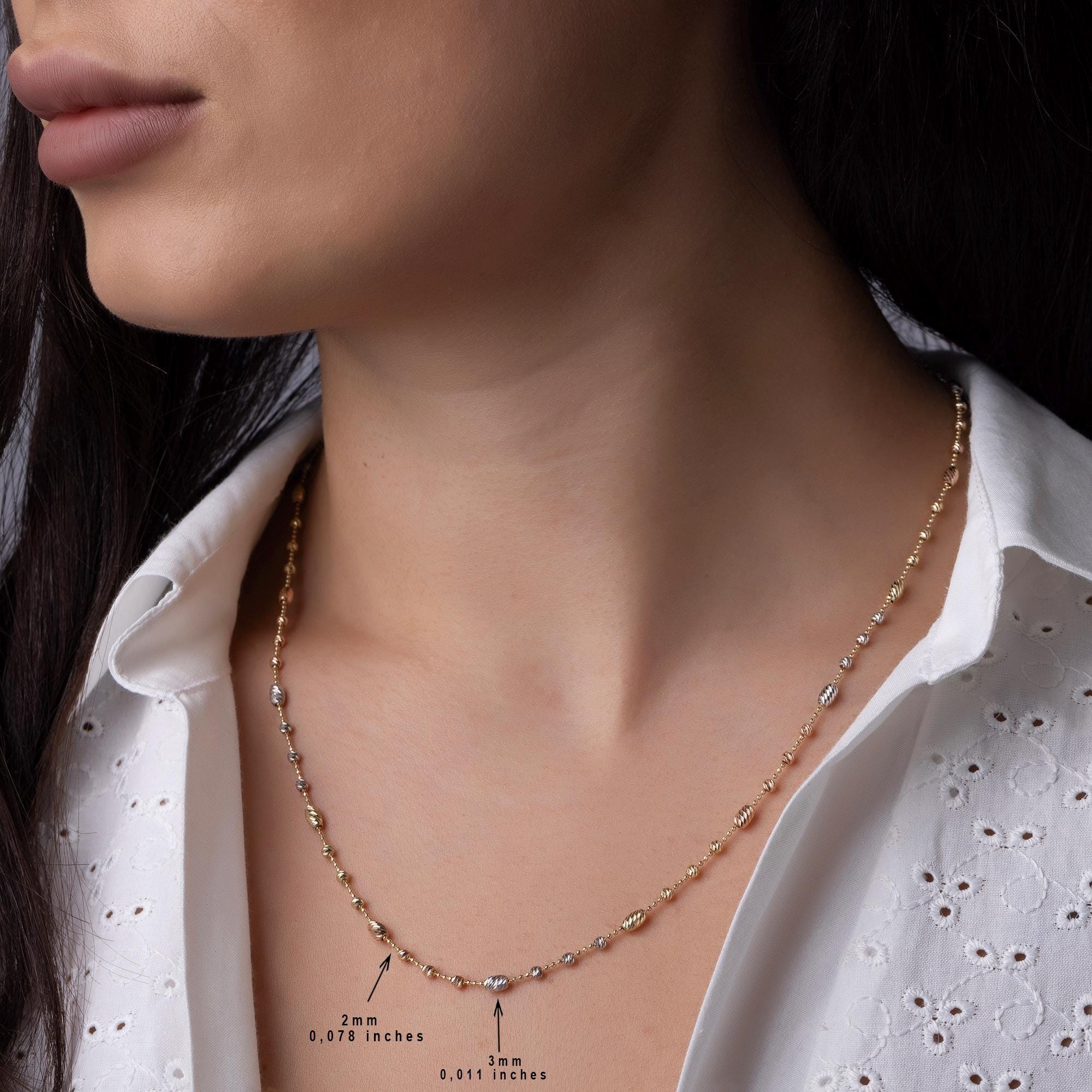 14K Solid Gold Two Tone Beaded Necklace – Minimalist Yellow & White Gold Chain, Elegant Everyday Jewelry Gift for Women
