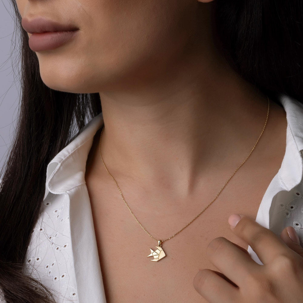 14K Solid Gold Origami Fish Necklace - Geometric Animal Pendant