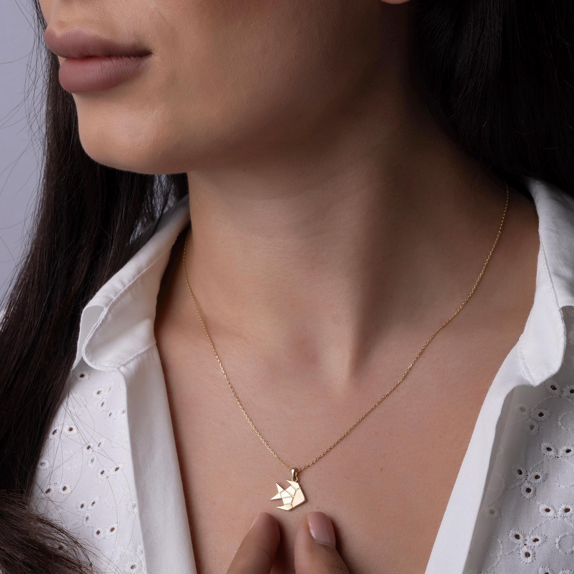 14K Solid Gold Origami Fish Necklace - Geometric Animal Pendant