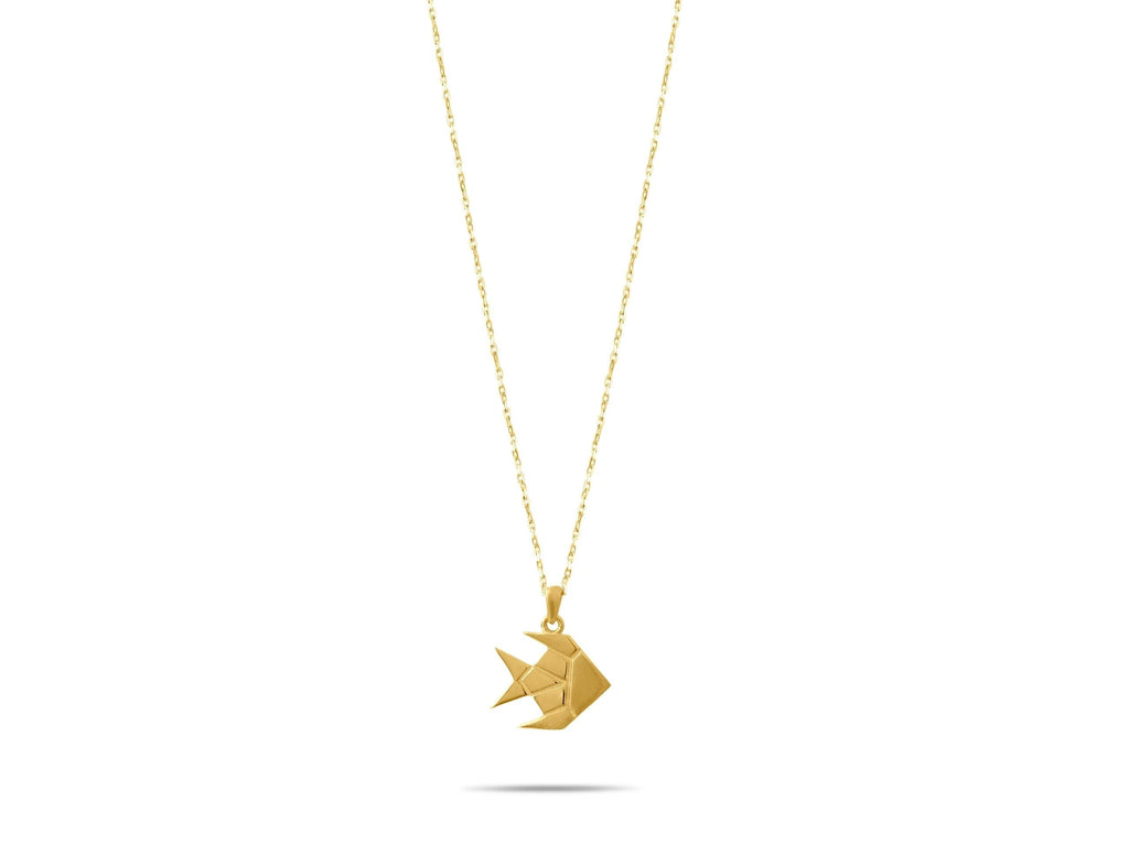 14K Solid Gold Origami Fish Necklace - Geometric Animal Pendant
