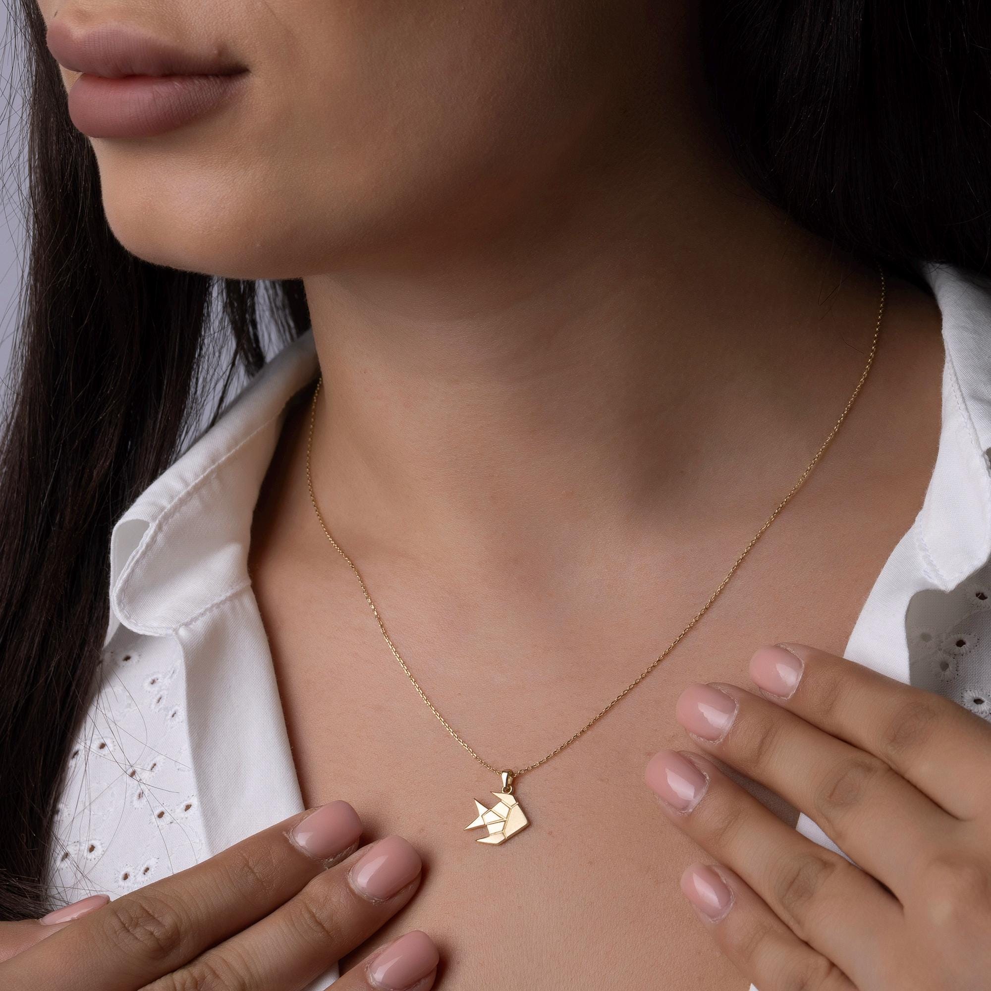 14K Solid Gold Origami Fish Necklace - Geometric Animal Pendant