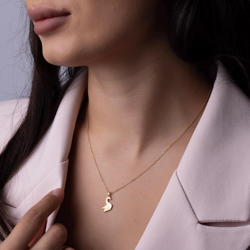 14K Solid Gold Swan Necklace - Origami Bird Pendant