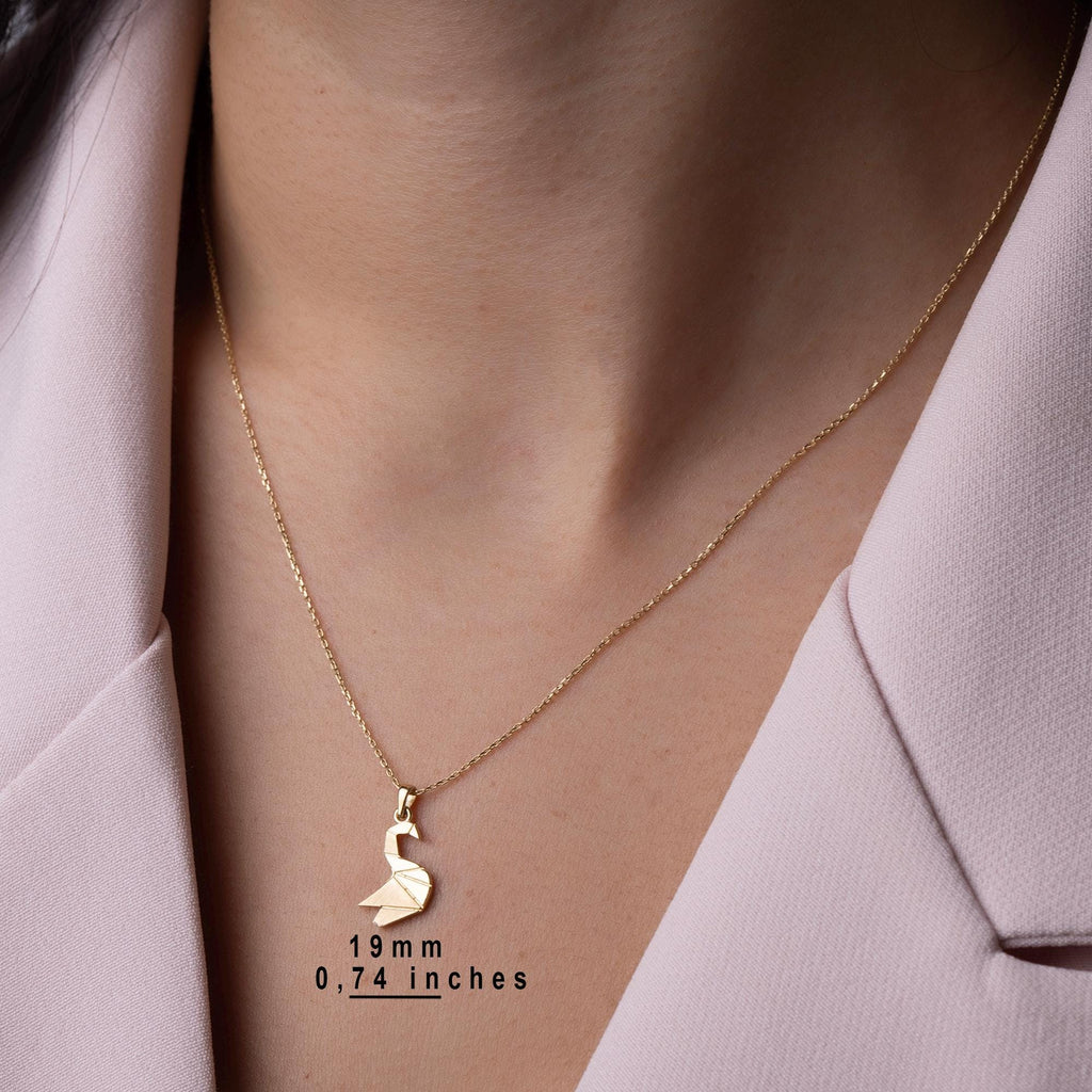 14K Solid Gold Swan Necklace - Origami Bird Pendant
