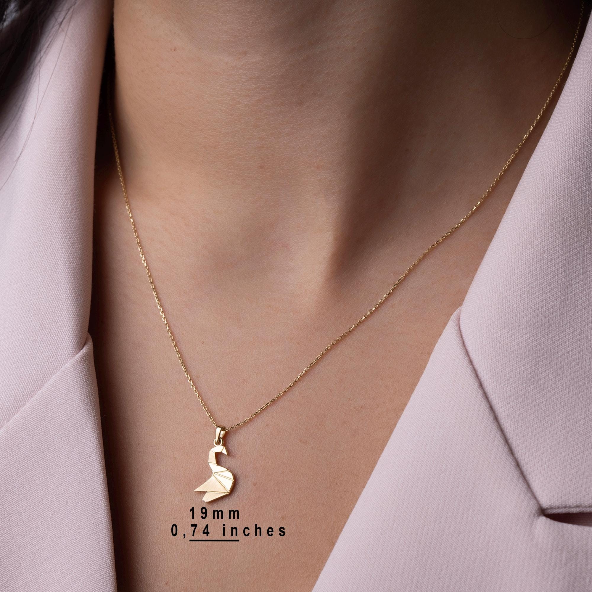 14K Solid Gold Swan Necklace - Origami Bird Pendant