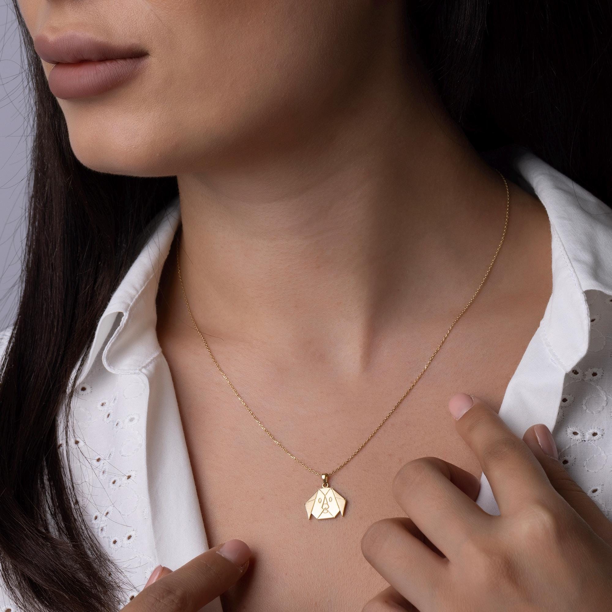 14K Solid Gold Dog Necklace - Origami Puppy Pendant - Minimalist Animal Jewelry