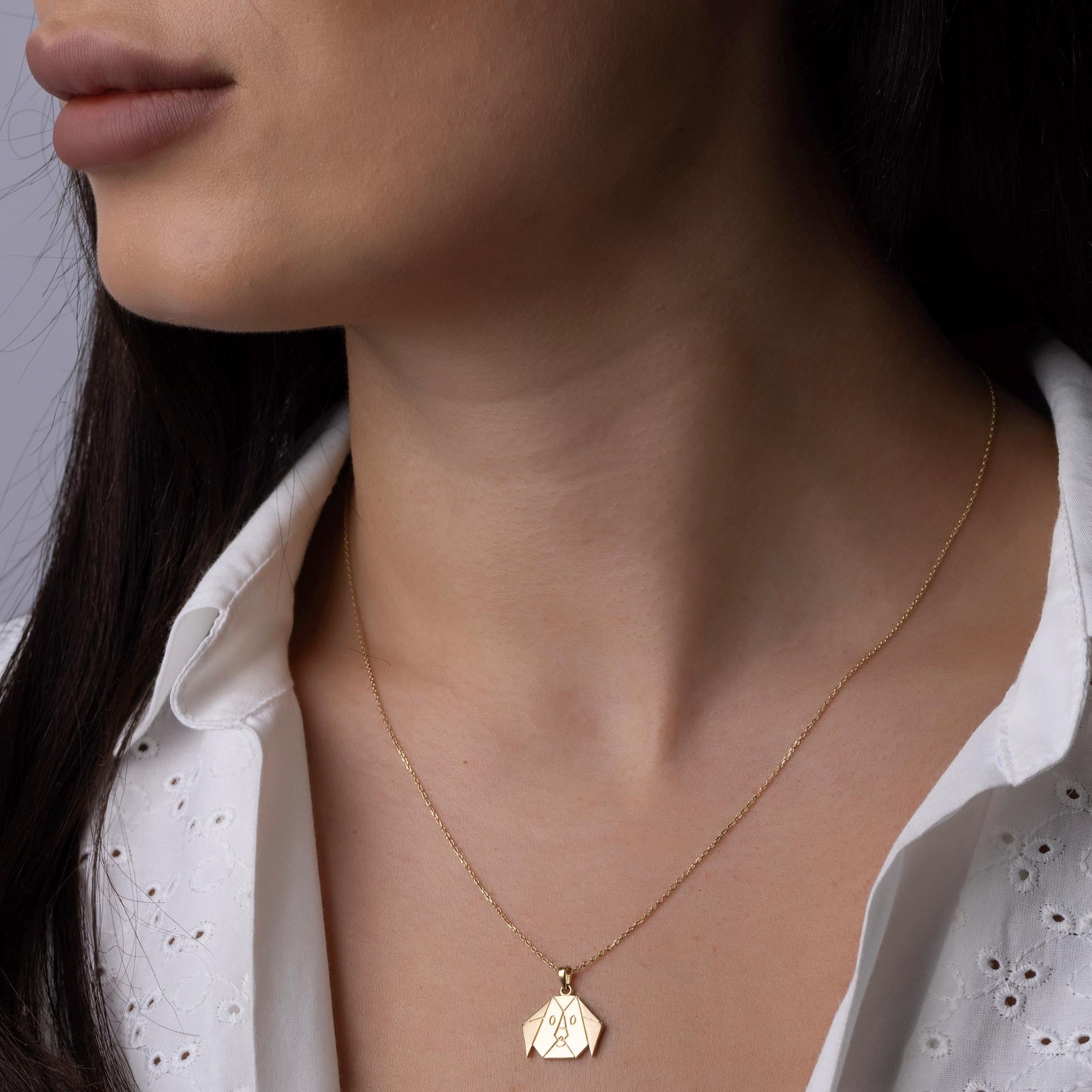 14K Solid Gold Dog Necklace - Origami Puppy Pendant - Minimalist Animal Jewelry