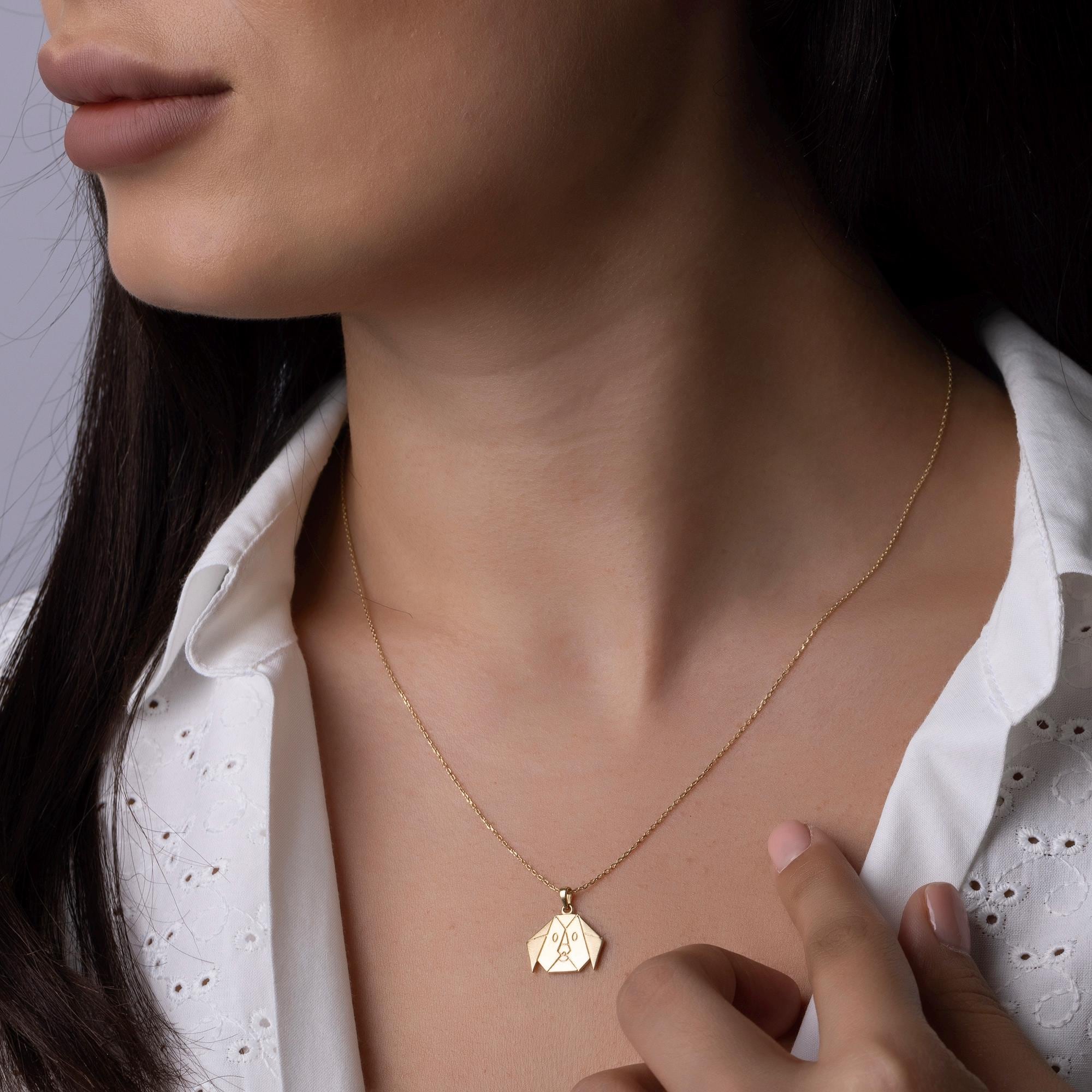 14K Solid Gold Dog Necklace - Origami Puppy Pendant - Minimalist Animal Jewelry