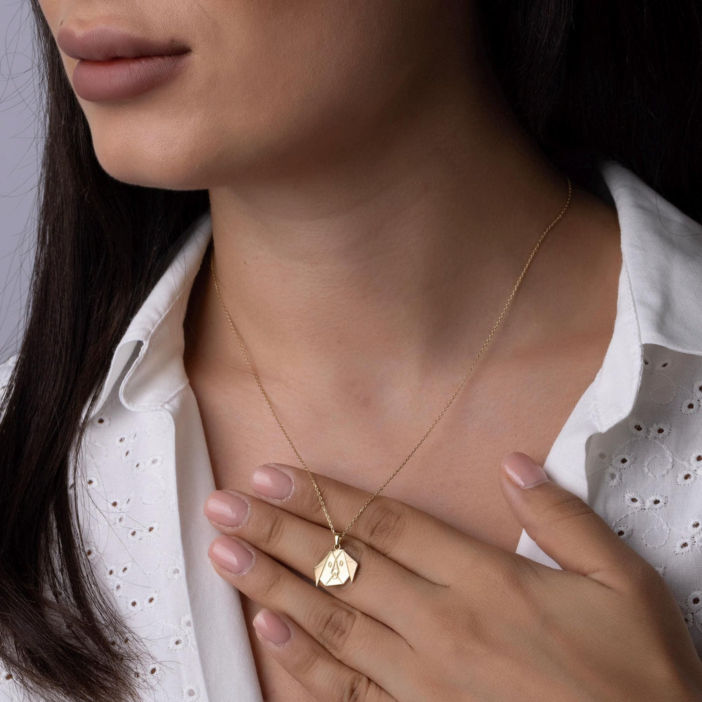 14K Solid Gold Dog Necklace - Origami Puppy Pendant - Minimalist Animal Jewelry