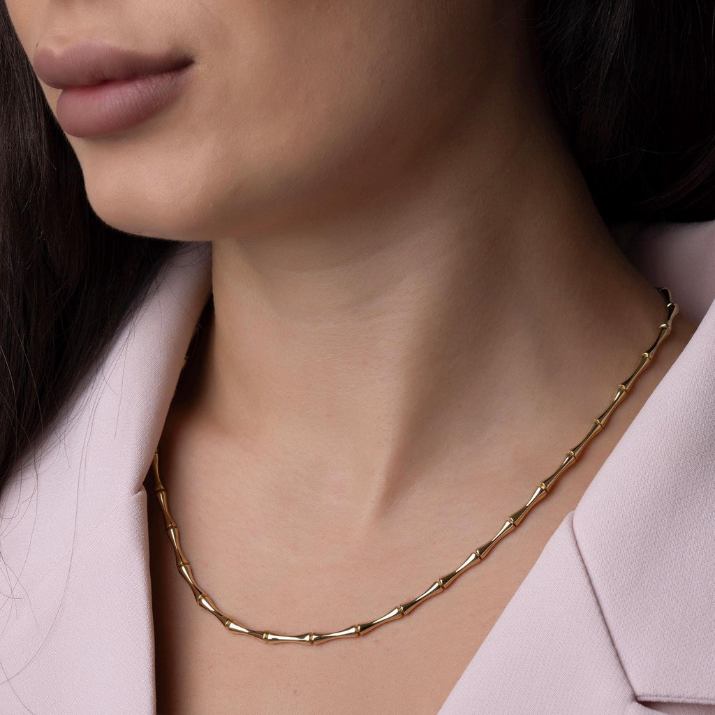 14K Solid Gold Bamboo Chain Necklace - Real Gold Statement Chain