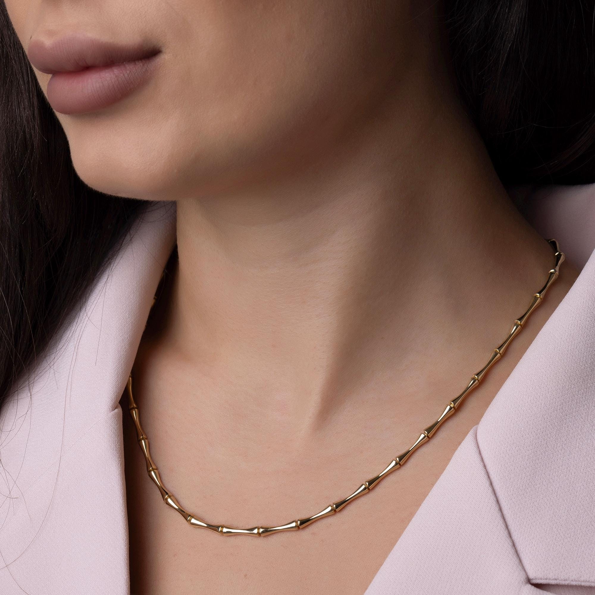 14K Solid Gold Bamboo Chain Necklace - Real Gold Statement Chain