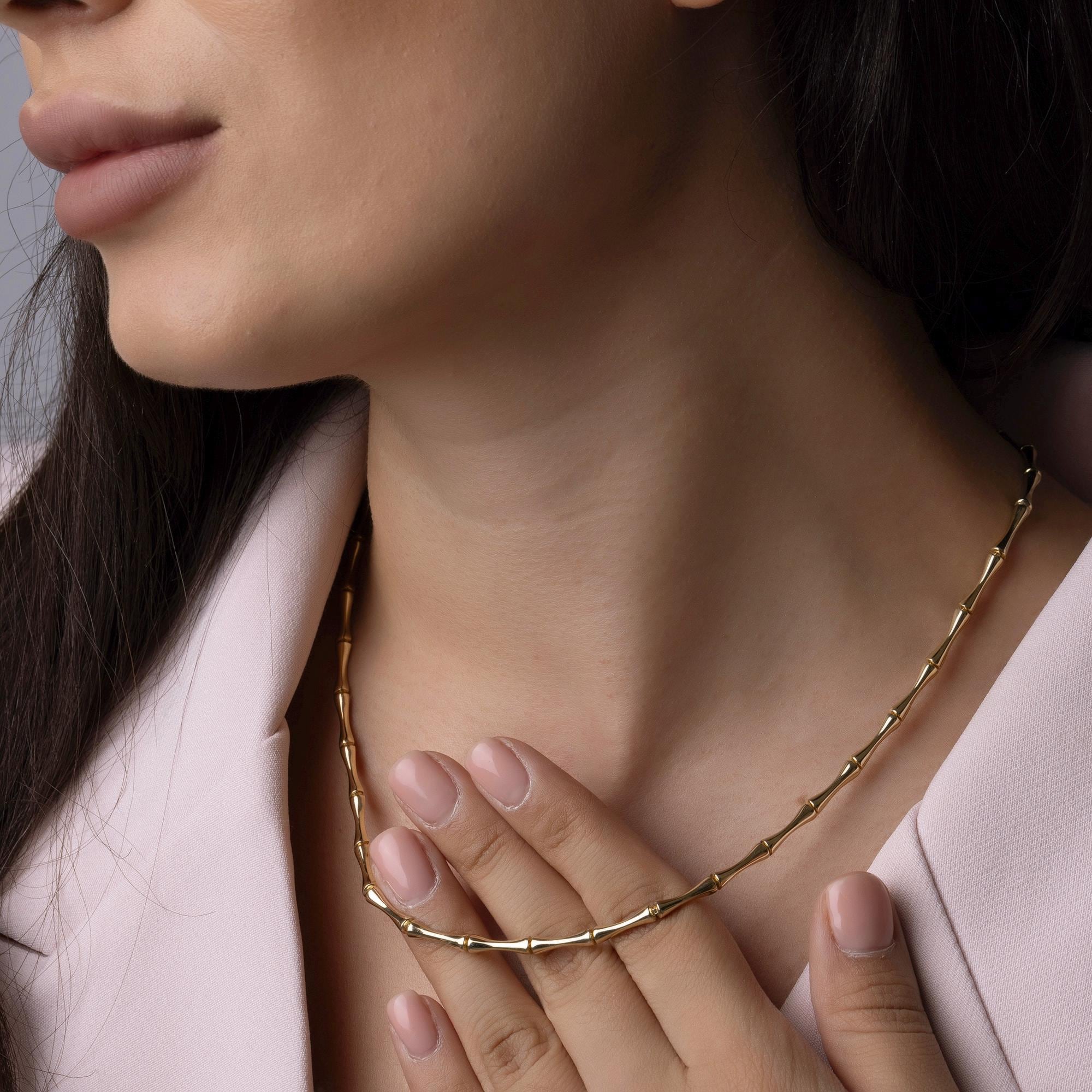 14K Solid Gold Bamboo Chain Necklace - Real Gold Statement Chain