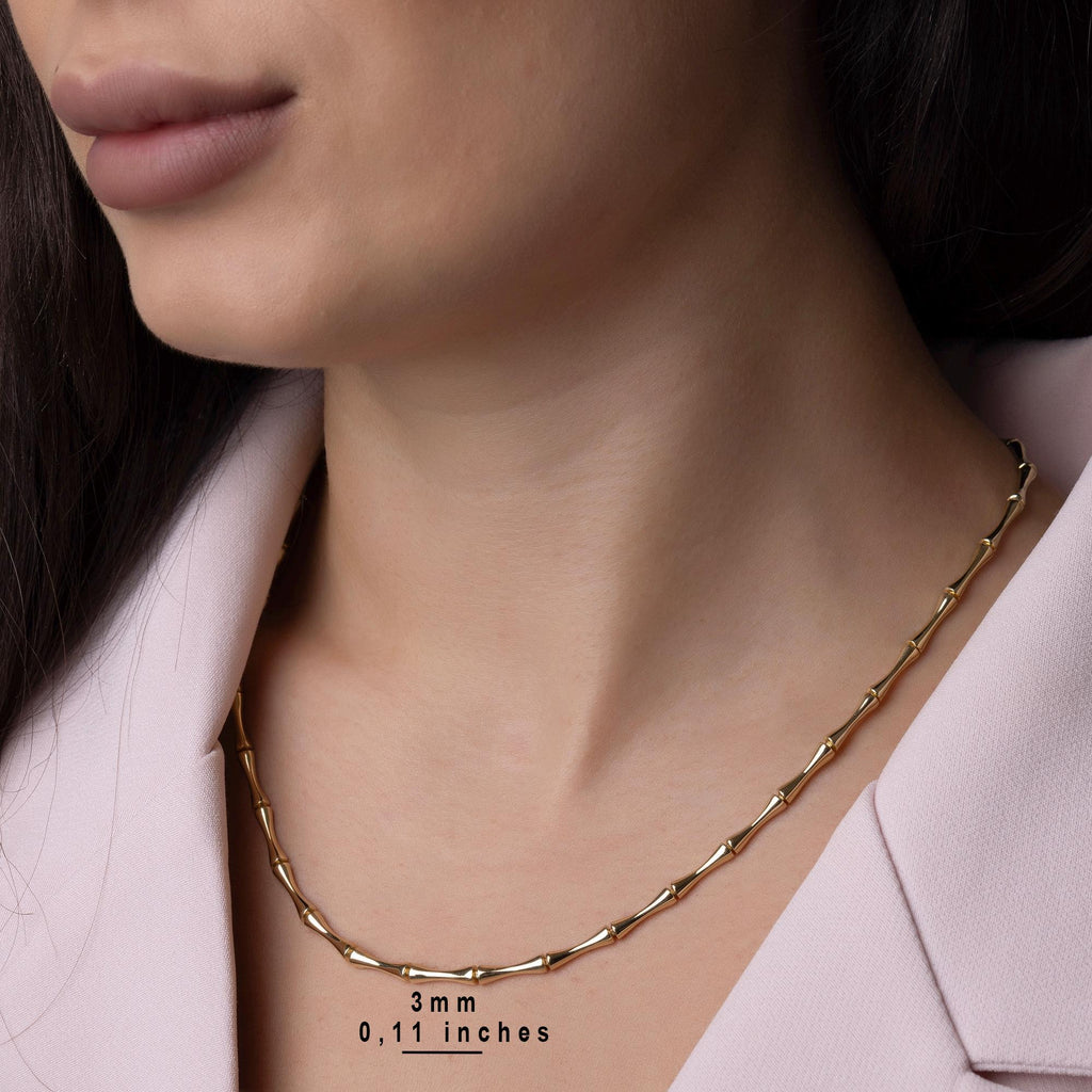 14K Solid Gold Bamboo Chain Necklace - Real Gold Statement Chain