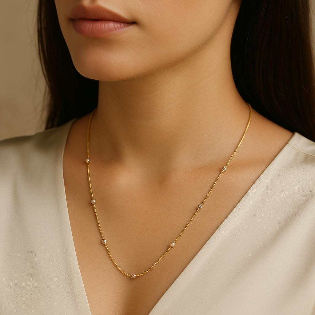 14K Solid Gold Two Tone Bead Necklace, Yellow and White Gold Dainty Chain