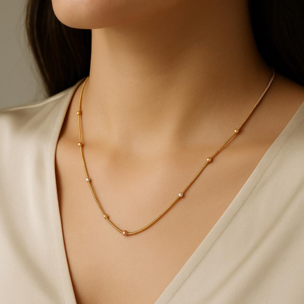 14K Solid Gold Two Tone Bead Necklace, Yellow and White Gold Dainty Chain