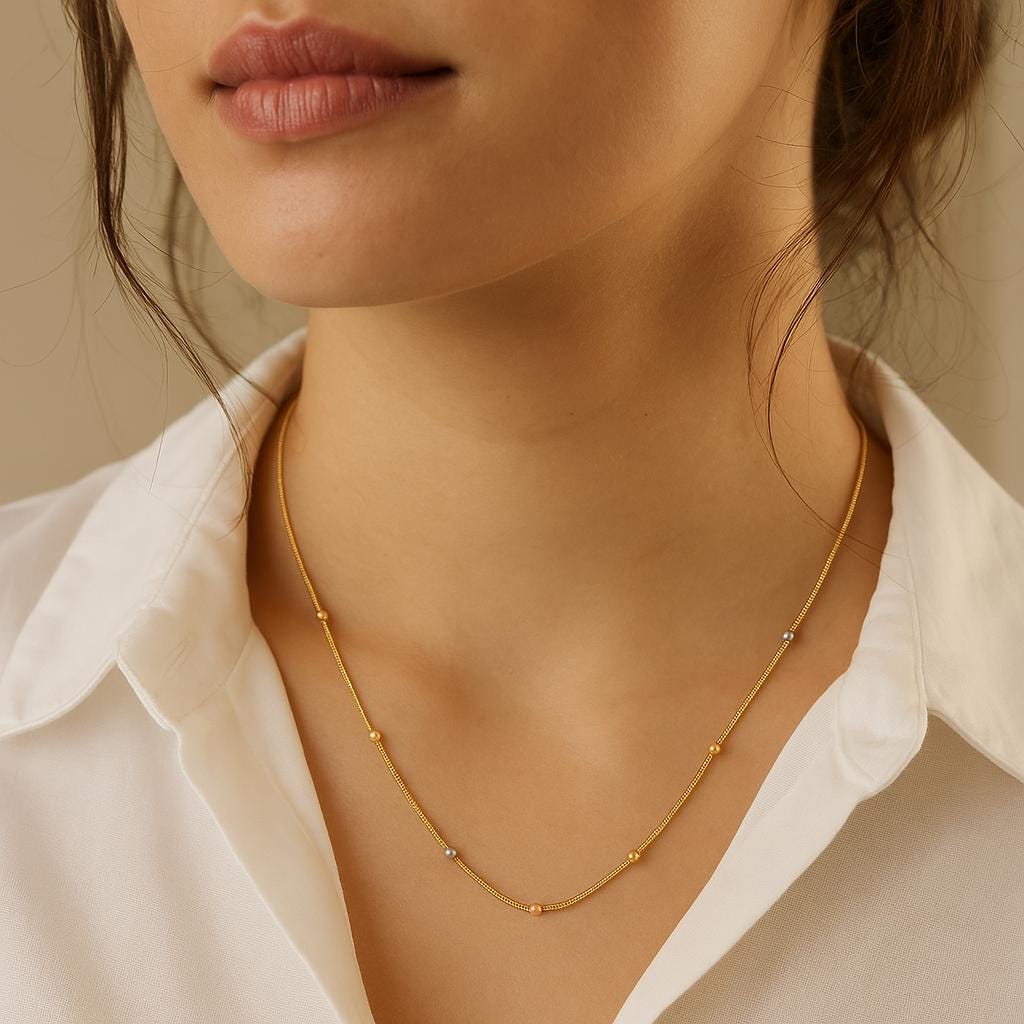 14K Solid Gold Two Tone Bead Necklace, Yellow and White Gold Dainty Chain