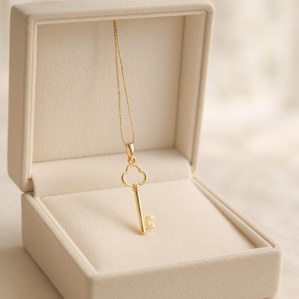 14K Solid Gold Key Necklace - Dainty Real Gold Pendant