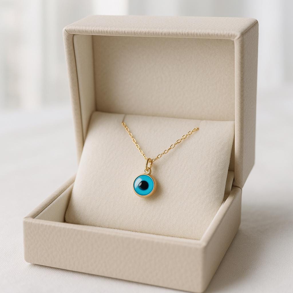 14K Solid Gold Evil Eye Necklace -  Real Gold Blue Enamel Protection Pendant
