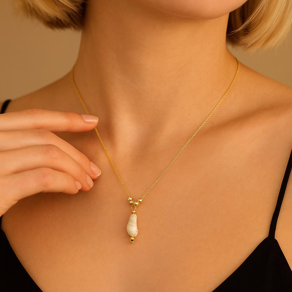 14K Solid Gold Baroque Pearl Necklace - Unique Freshwater Pearl Pendant