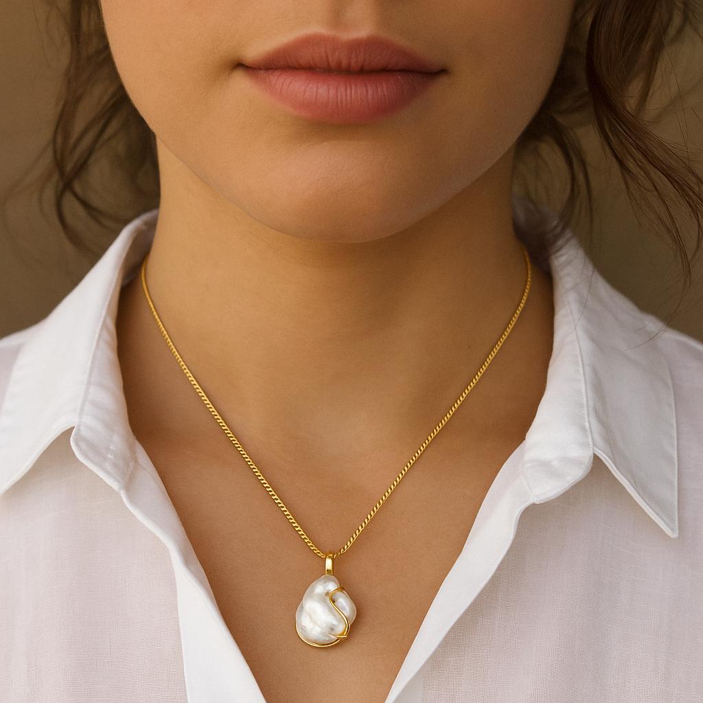 14K Solid Gold Baroque Pearl Necklace - Natural Freshwater Pearl Pendant