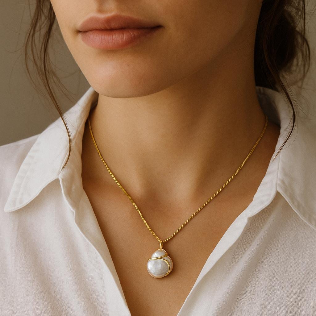 14K Solid Gold Baroque Pearl Necklace - Natural Freshwater Pearl Pendant