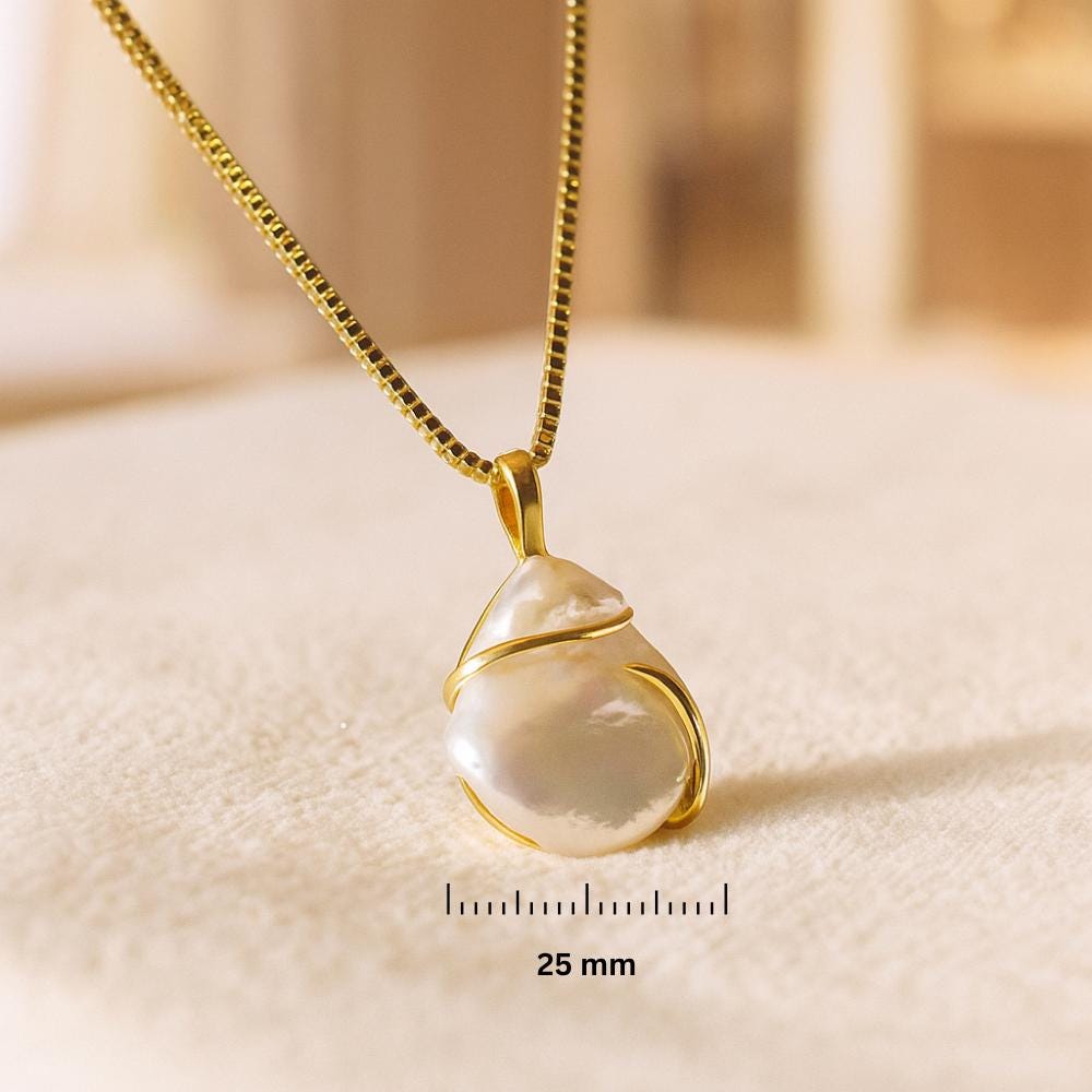 14K Solid Gold Baroque Pearl Necklace - Natural Freshwater Pearl Pendant
