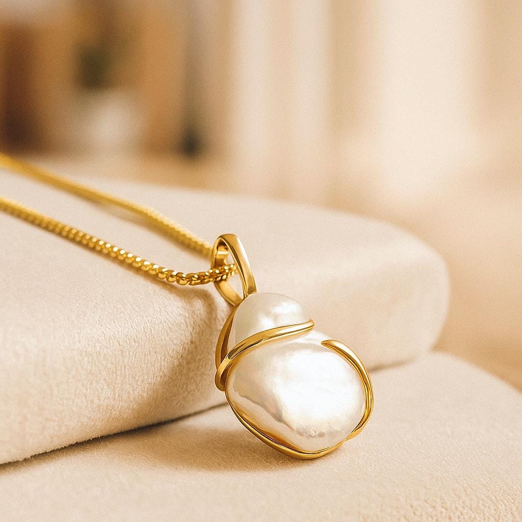 14K Solid Gold Baroque Pearl Necklace - Natural Freshwater Pearl Pendant