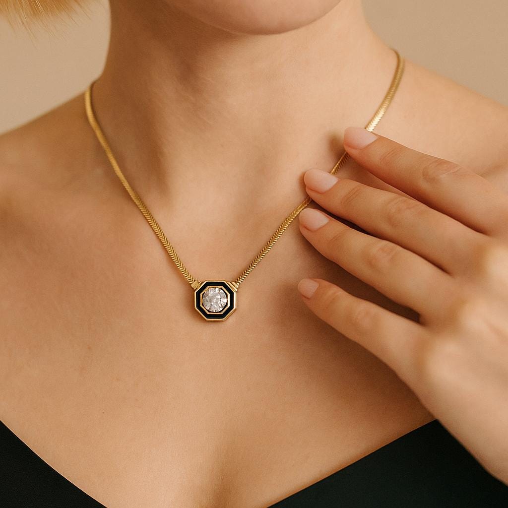 14K Solid Gold Black Enamel Necklac - Art Deco Octagon Pendant