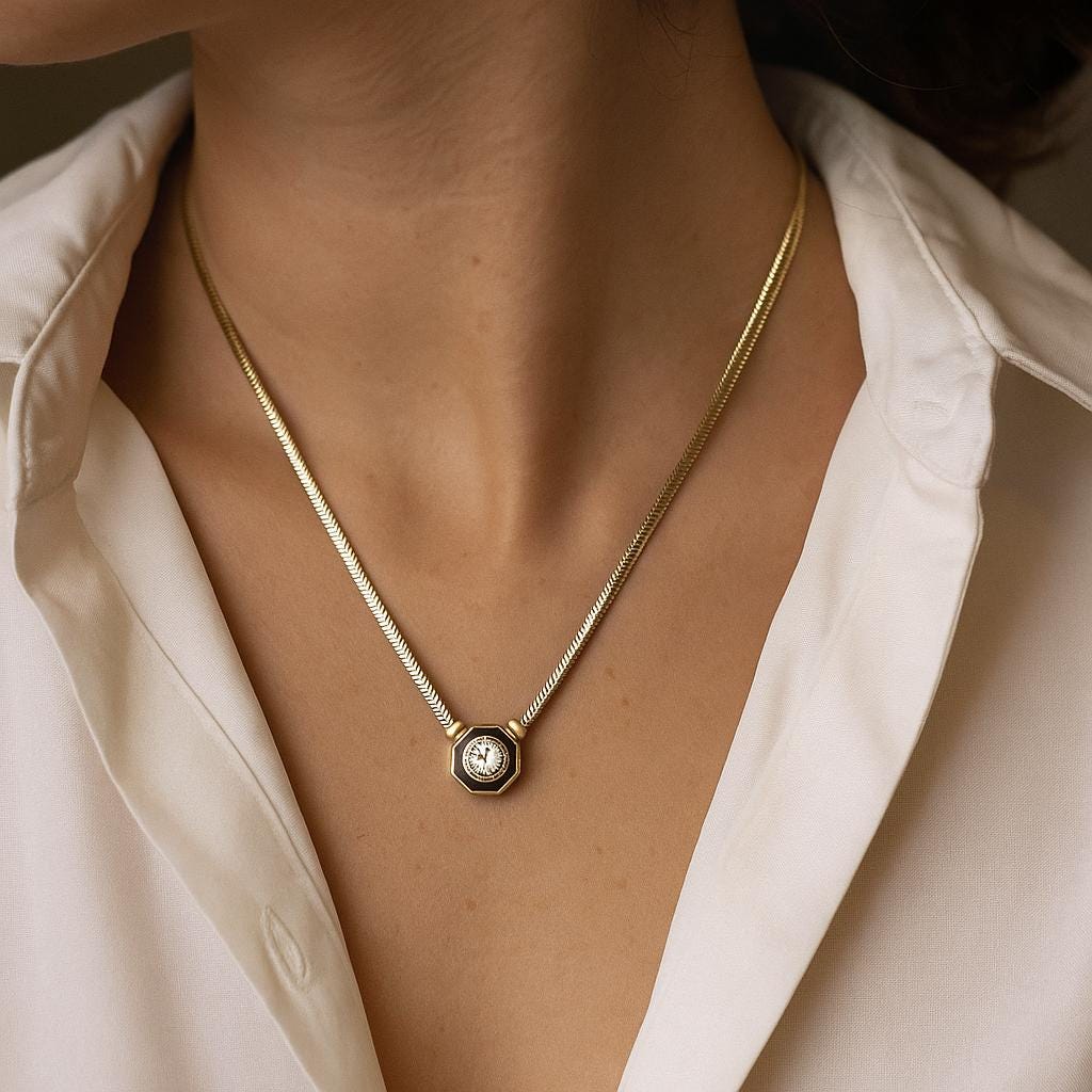 14K Solid Gold Black Enamel Necklac - Art Deco Octagon Pendant