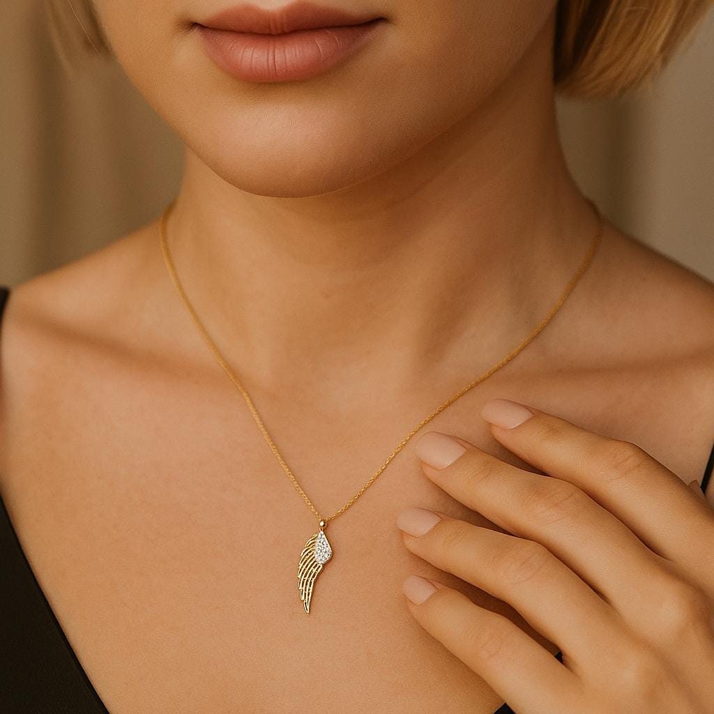14K Solid Gold Angel Wing Necklace - Gold Guardian Angel Pendant