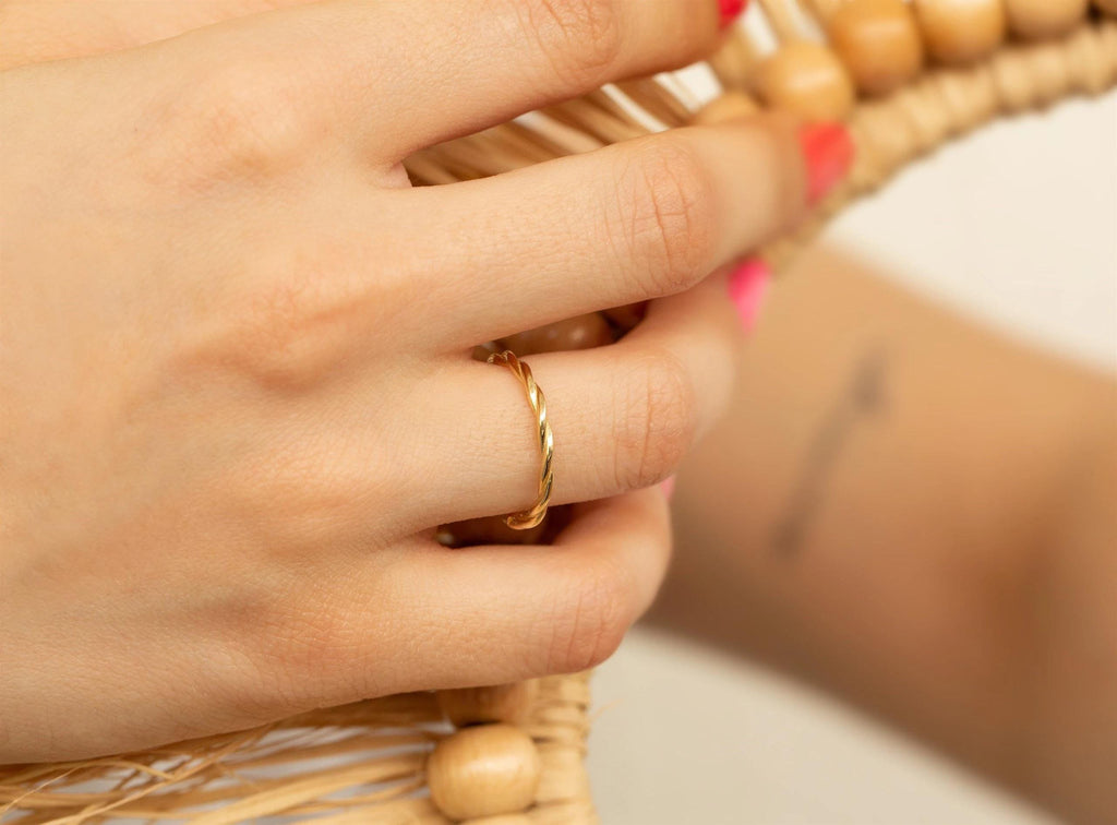 14K Solid Gold Twisted Ring - Real Gold Dainty Stackable Band